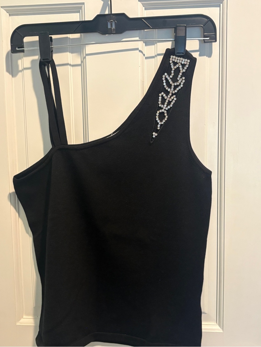 Cache | Black One-Shoulder shirt with Rhinestone Accent